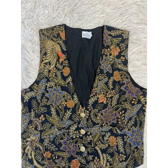 Theo Vintage Whimsical Beaded Floral Bird Three Button Women’s Blue Vest Medium - Picture 7 of 9